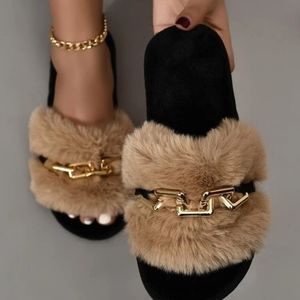 Chain Decor Khaki & Black Fluffy Bedroom Slippers Size 38/39